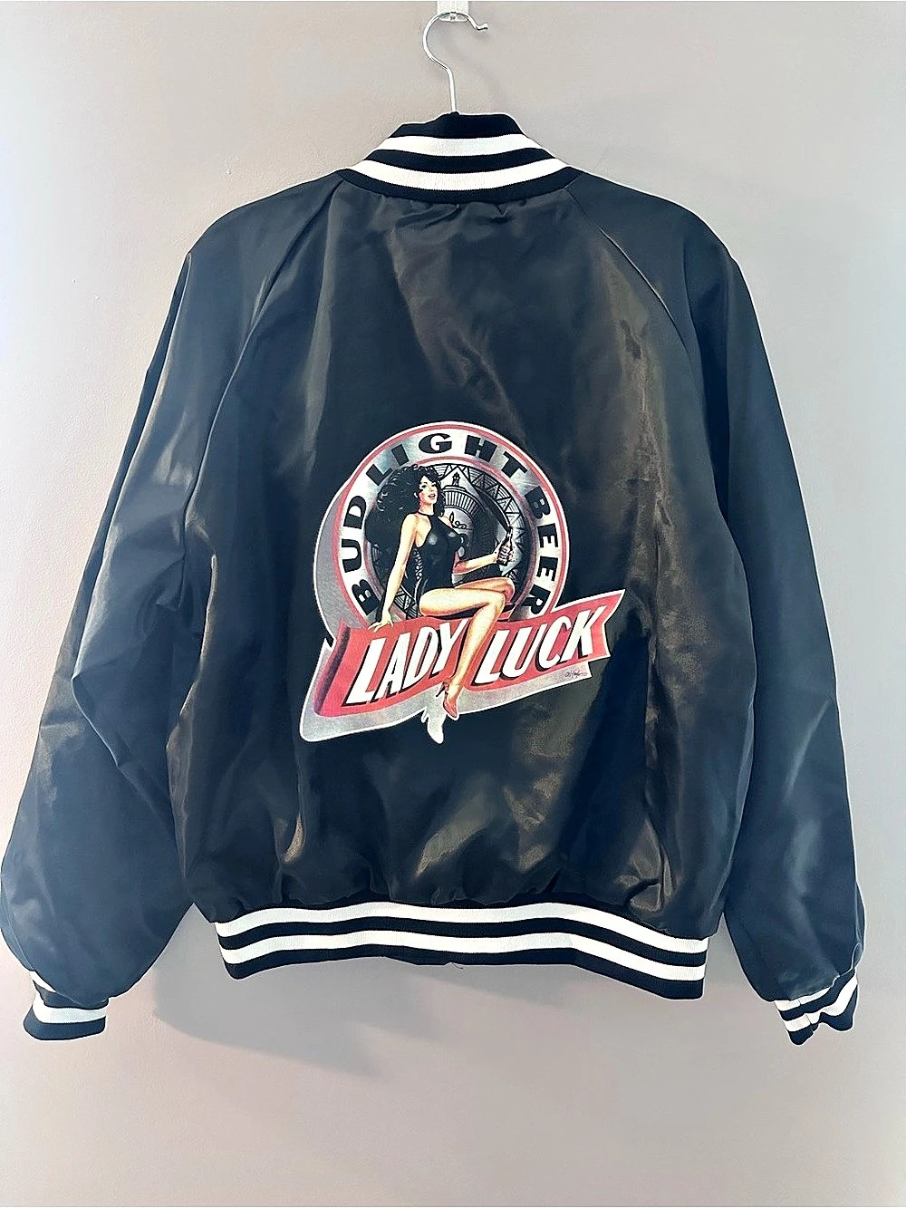 VTG 90s Bud Light Lady Luck Pinup Satin Bomber Varsity Jacket Black White